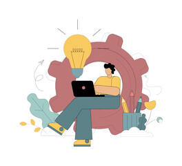 Self-employment. Man sitting with a laptop in a gearbox. Remote work. Entrepreneurship. Businessman. Vector.eps