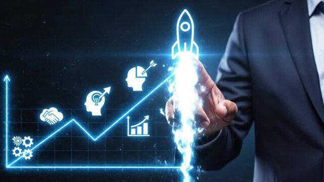 A businessman interacts with a glowing digital display showcasing a rocket launch and upward trend representing innovation and growth