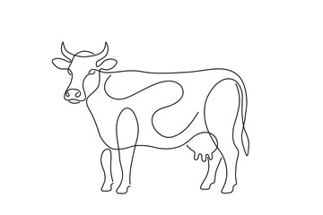 Fototapeta premium Standing cow with horns, minimalistic line art vector illustration, isolated on white background
