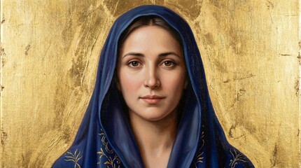 Portrait of a woman in blue veil with gold background for spiritual design and art inspiration