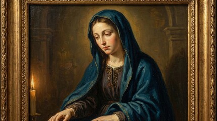Religious art depiction of a woman in blue cloak by candlelight for inspirational wall decor