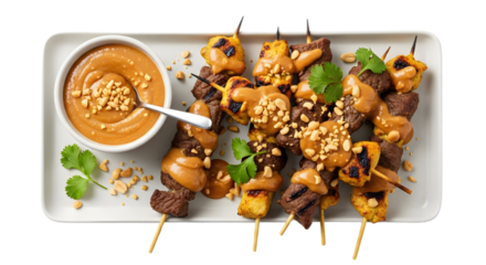 Assorted meat skewers with sauce and nuts beautifully arranged on a white plate in a culinary png image