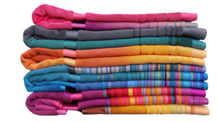 Vibrant stack of neatly folded colorful textiles showcasing diverse textures and striped patterns on transparent background