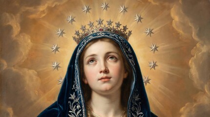Portrait of virgin mary with starry crown radiant in heavenly glow reflecting devotion and spirituality