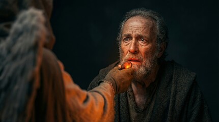 Dramatic scene of hope and redemption: an older man in desperation receives healing light from a mysterious figure