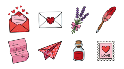 Romantic hand drawn stationery set including love letters, envelopes, lavender bouquet, quill pen, paper plane, and wax seal. Valentines day and wedding correspondence collection.