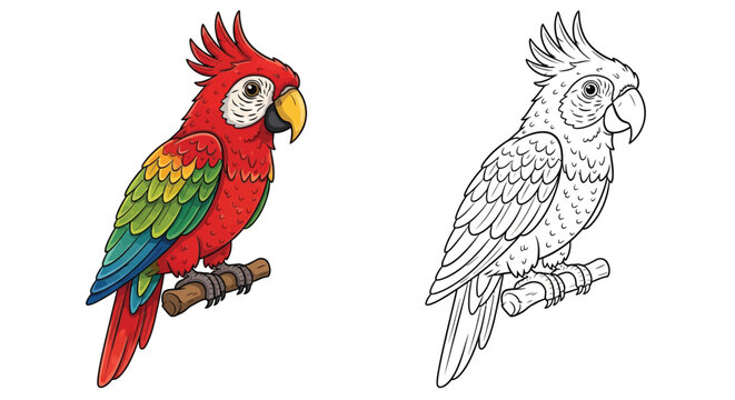Colorful Parrot Sitting on Branch Line Art Comparison Ready for Kids Coloring Book Activity
