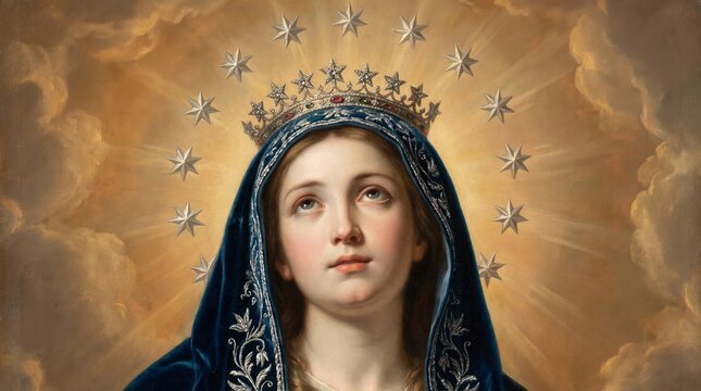 Portrait of virgin mary with starry crown radiant in heavenly glow reflecting devotion and spirituality
