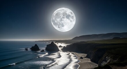 Stunning coastal scene featuring a full moon over the ocean and shoreline