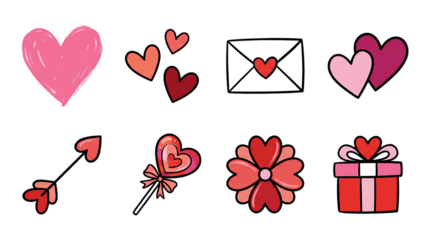 Valentine's day doodle set including hearts, love letter, arrow, lollipop, flower, and gift box isolated. Hand drawn romantic holiday icons.