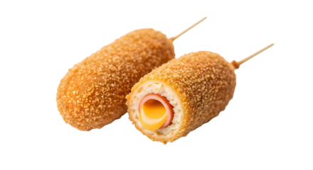 Two corn dogs with sesame seeds on a stick in a png image