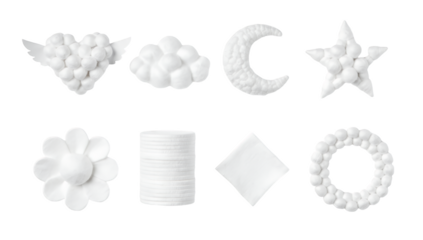 White cotton pad set including heart with wings, cloud, moon, star, flower, and circular shapes isolated. Cosmetic and skincare application collection.