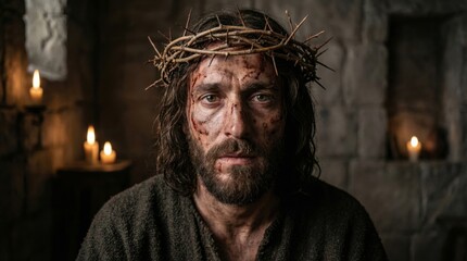 Solemn depiction of suffering and sacrifice with candlelit ambiance