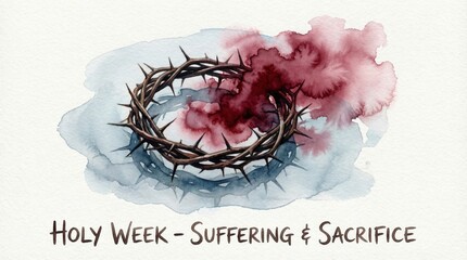 Holy week reflection on suffering and sacrifice with crown of thorns and red smoke watercolor for religious art and meditation