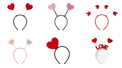 Valentine's day headband set including heart, glitter, arrow, and love lettering variants. Romantic party favors and costume accessories.