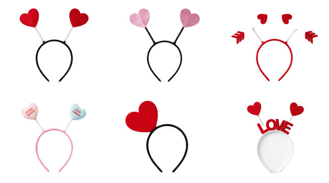 Valentine's day headband set including heart, glitter, arrow, and love lettering variants. Romantic party favors and costume accessories.