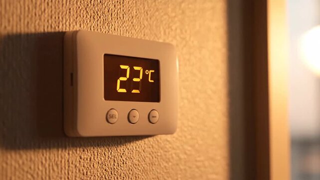 Home thermostat displaying temperature of 20 degrees Celsius on wall indoors.