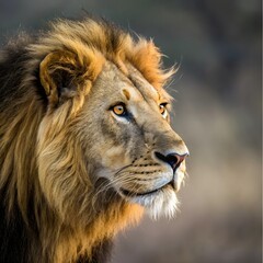 Majestic lion with golden eyes and shaggy mane in profile © Qreatives