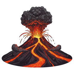 Volcano eruption illustration with lava and smoke natural disaster geological hazard science education art, isolated on white or transparent background, PNG Format.