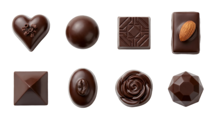 Assorted dark chocolate praline set including heart, truffle, rose, coffee bean, and geometric shapes isolated. Gourmet confectionery and candy collection.
