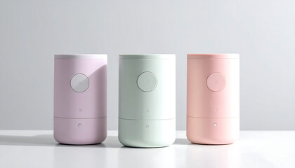 Three pastel-colored cylindrical smart devices&mdash;lavender, mint green, and pink&mdash;on white surface with light gray background.