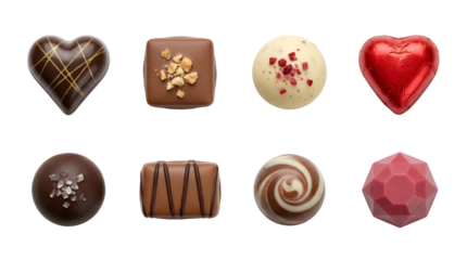 Assorted chocolate truffle set including dark, milk, white, heart shaped, and nutty pralines isolated. Gourmet candy and confectionery collection for gift or dessert.