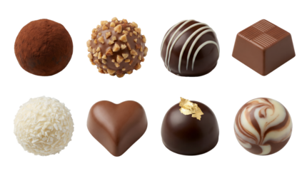 Assorted chocolate truffle set including dark, milk, white, heart shaped, and gold leaf pralines isolated. Gourmet confectionery and sweet dessert collection.
