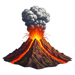 Volcano eruption illustration with lava and smoke natural disaster geological hazard science education art, isolated on white or transparent background, PNG Format.