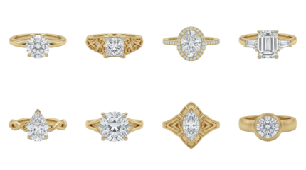 Gold engagement ring set including round, princess, oval, emerald, pear, cushion, marquise, and bezel styles. Luxury jewelry and bridal collection.