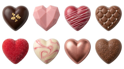Heart shaped chocolate pralines set including dark, milk, ruby, white, and marbled candy isolated. Valentine day gourmet dessert collection.