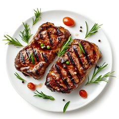 Two Grilled Beef Steaks with Rosemary and Tomatoes on White Plate