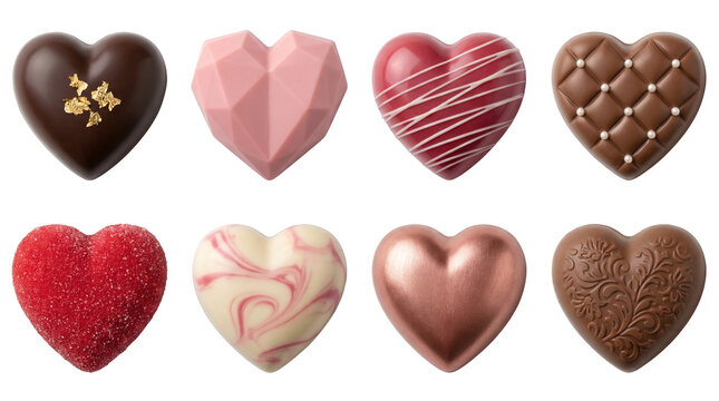 Heart shaped chocolate pralines set including dark, milk, ruby, white, and marbled candy isolated. Valentine day gourmet dessert collection.