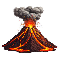 Volcano eruption illustration with lava and smoke natural disaster geological hazard science education art, isolated on white or transparent background, PNG Format.