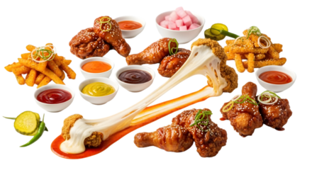 Assorted fried chicken and fries with dipping sauces arranged around a dinosaur bone displayed on a vibrant red background in a png image