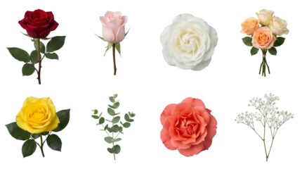 Rose flower set including red, pink, white, yellow, and coral blooms with eucalyptus and gypsophila isolated. Floral arrangement and wedding decor collection.