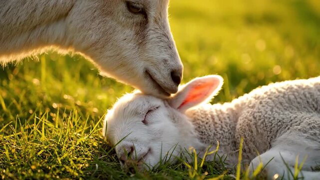 Adorable baby lamb sleeping on green grass with mother sheep on sunny day.
