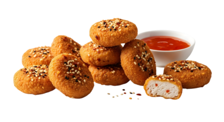 Fried balls with sesame seeds and dipping sauce displayed in a png image file