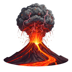 Volcano eruption illustration with lava and smoke natural disaster geological hazard science education art, isolated on white or transparent background, PNG Format.
