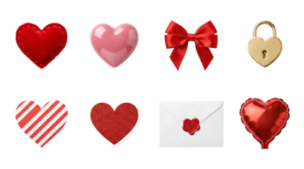 Valentine's day heart set including velvet, gloss, bow, padlock, stripe, glitter, envelope, and balloon variants. Romantic love and celebration collection.