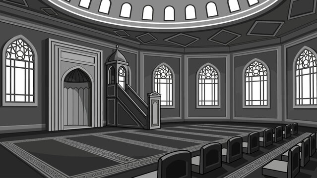 Islamic Prayer Room Interior, Mosque Dome, Mihrab, Minbar, Arched Windows