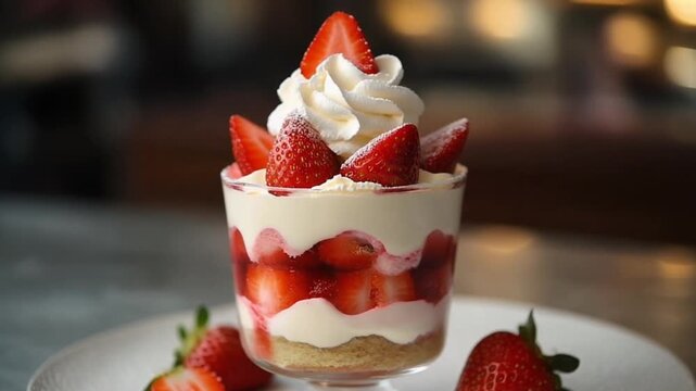 Strawberry and cream parfait dessert close up food video