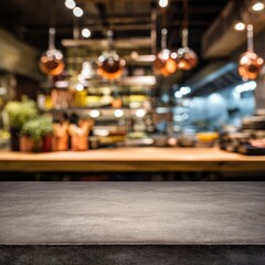 Kitchen counter, restaurant backdrop is blurry, copper pots hanging