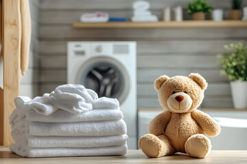Stack of Clean White Towels and Teddy Bear in Modern Laundry Room