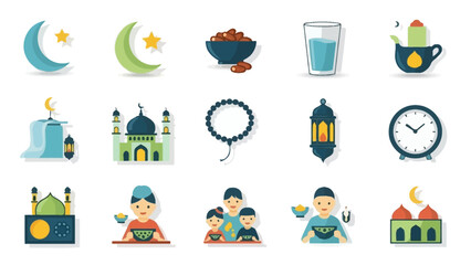 Fototapeta premium Ramadan Icons Set: Moon, Mosque, Dates, Water, Prayer Beads, Lantern, Clock, Family