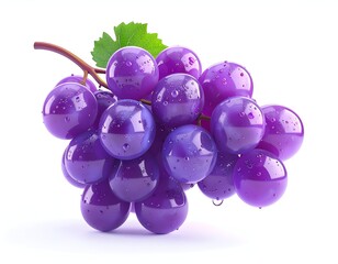Cluster of glossy purple grapes with a leaf, isolated on white