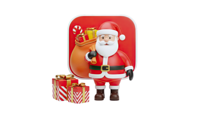 3D Cartoon Santa Claus with Gifts and Candy Cane