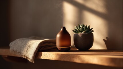 A minimalist shelf holds three items: an amber diffuser a small succulent in a ceramic pot and a