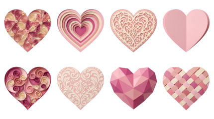 Pink paper heart set including quilled, layered, filigree, folded, geometric, and woven styles isolated. Valentines day and wedding craft collection.