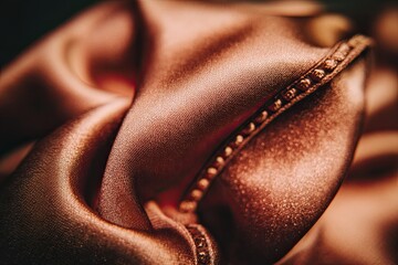 Lustrous copper fabric with beaded trim, artful draping