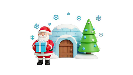 3D Cartoon Santa Claus with Igloo, Christmas Tree, and Snowflakes
